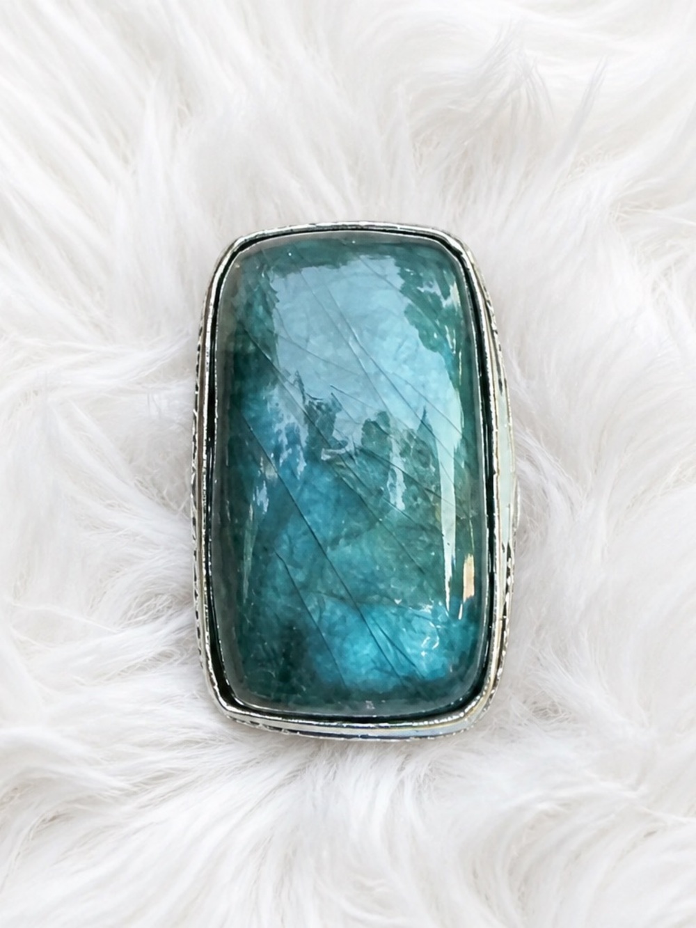 Sz6 3/4 Teal Blue Labradorite Rectangular Gemstone Sterling Ring